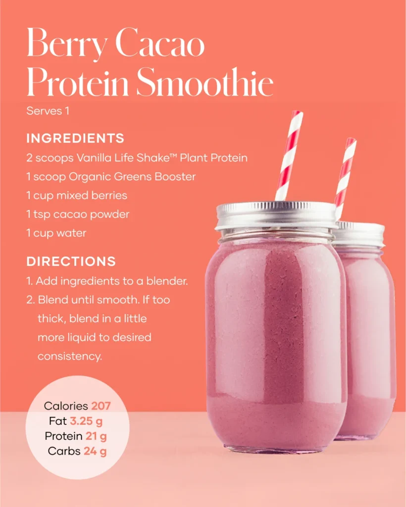 Berry Cacao Protein Smoothie recipe card: Life Shake, Organic Greens Booster, mixed berries, cacao, 21 g protein