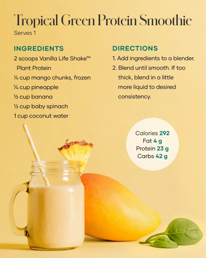 Tropical Green Protein Smoothie recipe card: Life Shake, mango, pineapple, banana, spinach, coconut water, 23 g protein