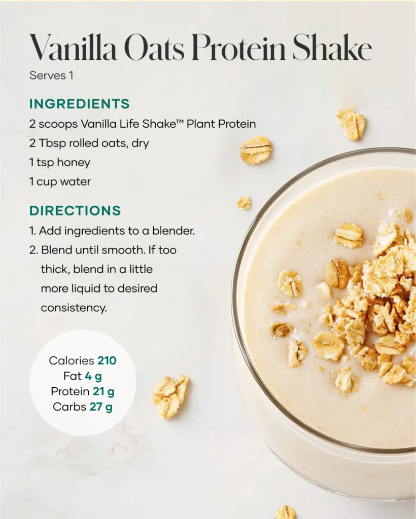 Vanilla Oats Protein Shake recipe card: Life Shake, rolled oats, honey, 21 g protein